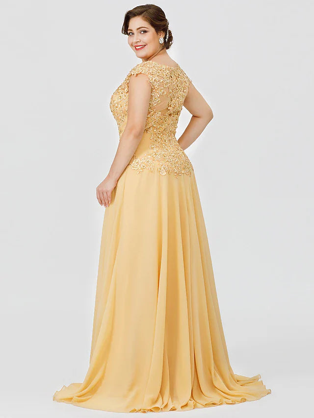 Wholesale A-Line Mother of the Bride Dress Plus Size Elegant Illusion Neck Sweep / Brush Train Chiffon Beaded Lace Short Sleeve No with Bow(s) Pleats